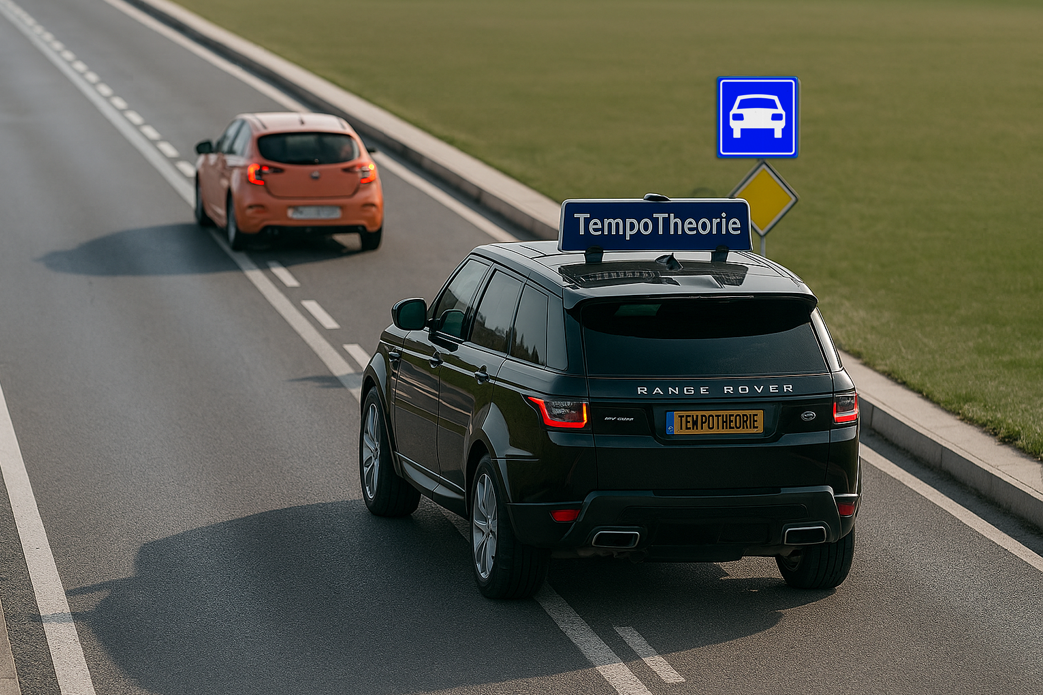 maak van deze gele auto een zwarte range rover sport met een lesbord waarop staat TempoTheorie en een kenteken waarop staat TEMPOTHEORIE. maak het super realistisch heel de afbeelding maar verander qua vorm alleen de witte auto niet iets anders alleen realistischer moet je het maken. SUPER REALISTISCH